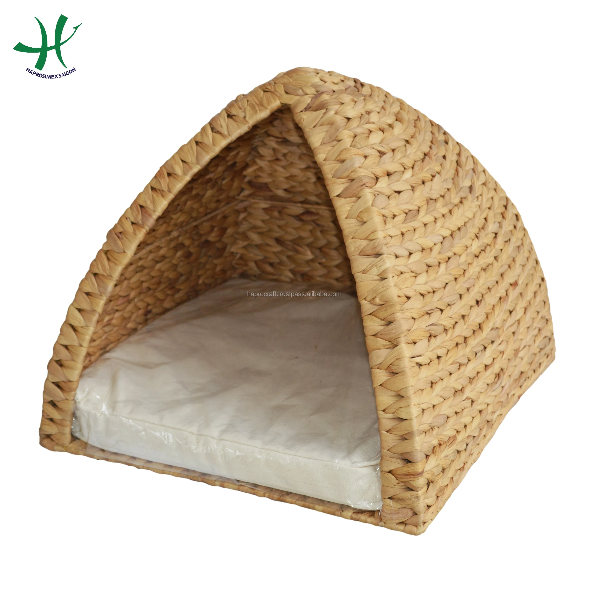 Handmade woven water hyacinth pet house, pet cage, pet house with fabric cushion inside made in Vietnam