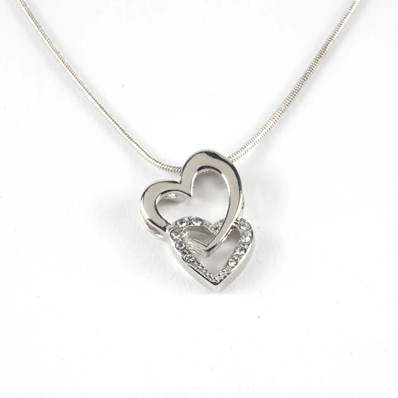 Manufacturer Direct Selling Personality Double Heart Rhinestone Rhodium Plated  Pendant Jewelry Snake Chain Necklace