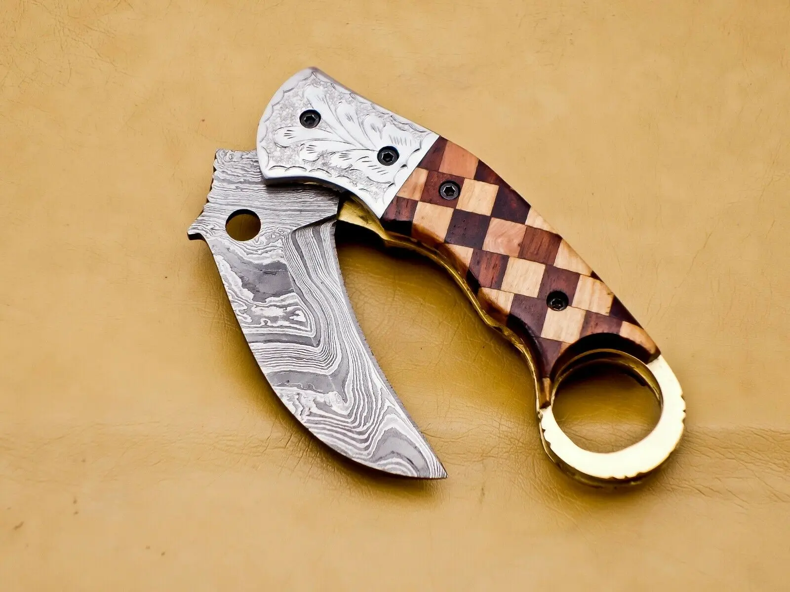 Дамасский складной карманный нож ручной работы нож-керамбит охотничий