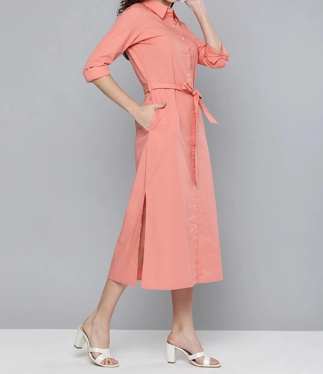 Confident Look By Wearing in Parties Festivals Women Peach-Colored Solid Shirt One Piece cotton dress shirt collar long sleeves