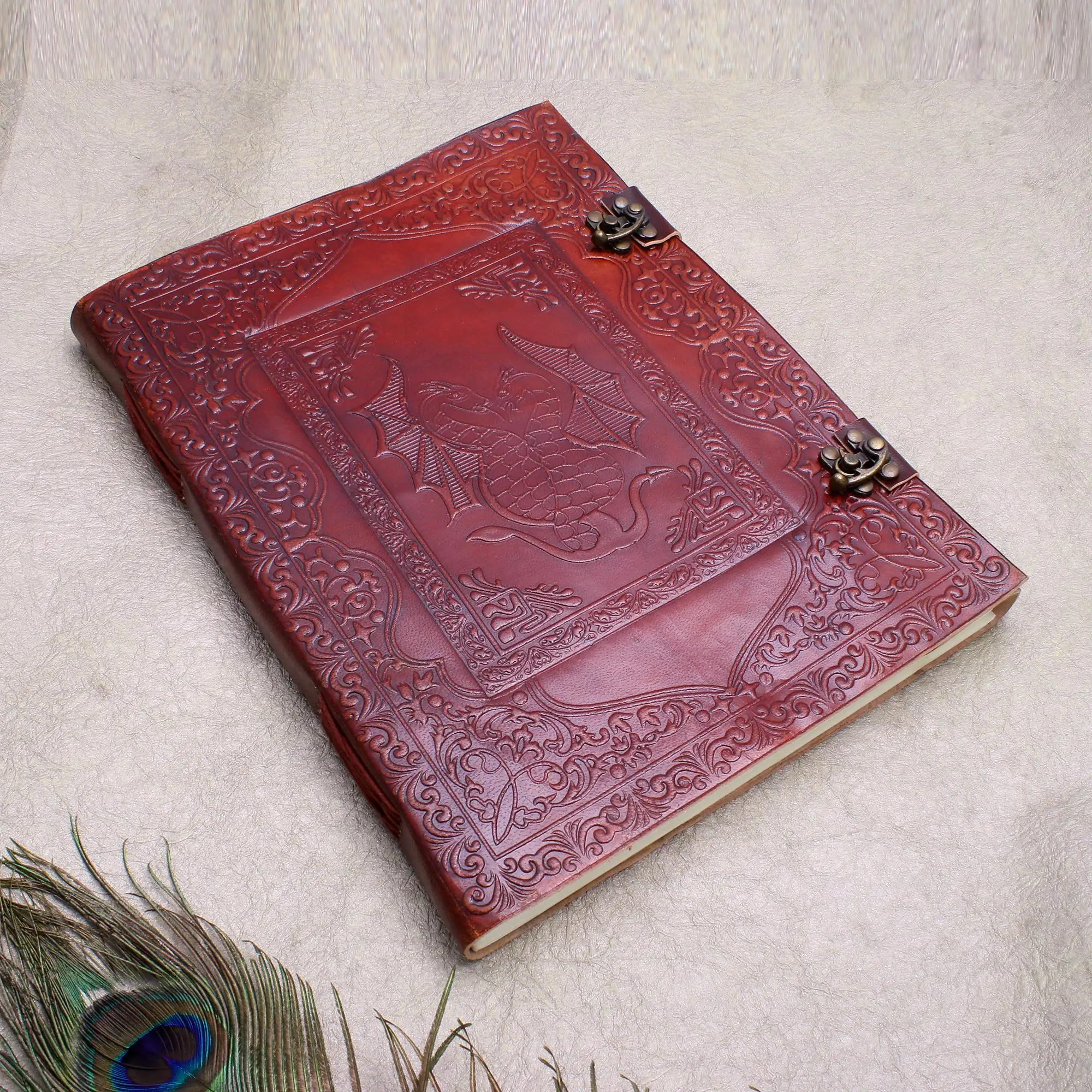 7x5mm Brown A5 Embossed Dragon Design Journal Handmade Dual C-Lock Leather Notebook Unlined Paper Perfect as Gift Planner Diary