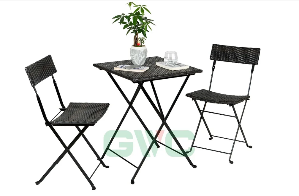 BeNK Small 3 Pieces Wicker Table and Chair Set for Outdoor Bacolny/ Wicker Rattan Coffee Table and Chair Bistro Set