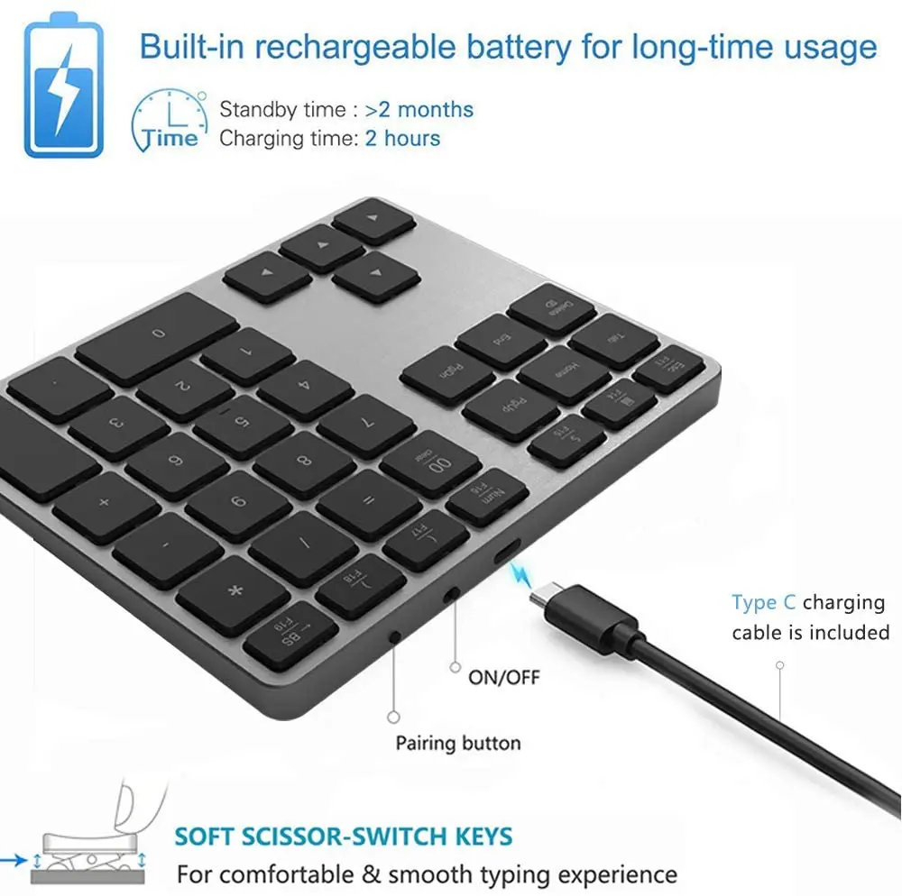 
OEM ODM Custom Smart Bluetooth Aluminum Rechargeable Wireless Numeric Keypad For MacBook Windows Laptop 