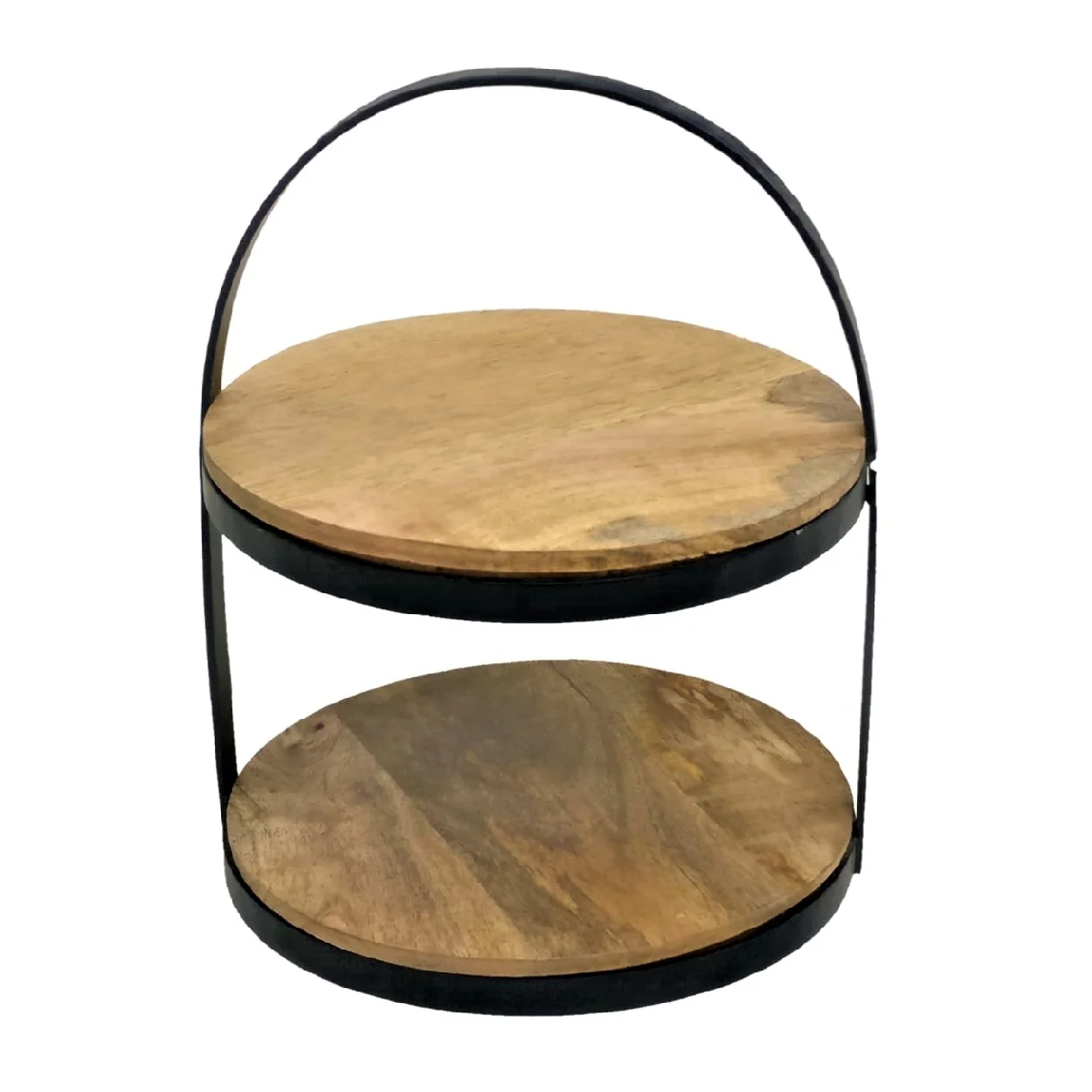 Black Natural Dinnerware Food Safe Eco-Friendly Handmade Tableware Round Wrought Iron and Mango Wood 2-Tier Muffin Stand