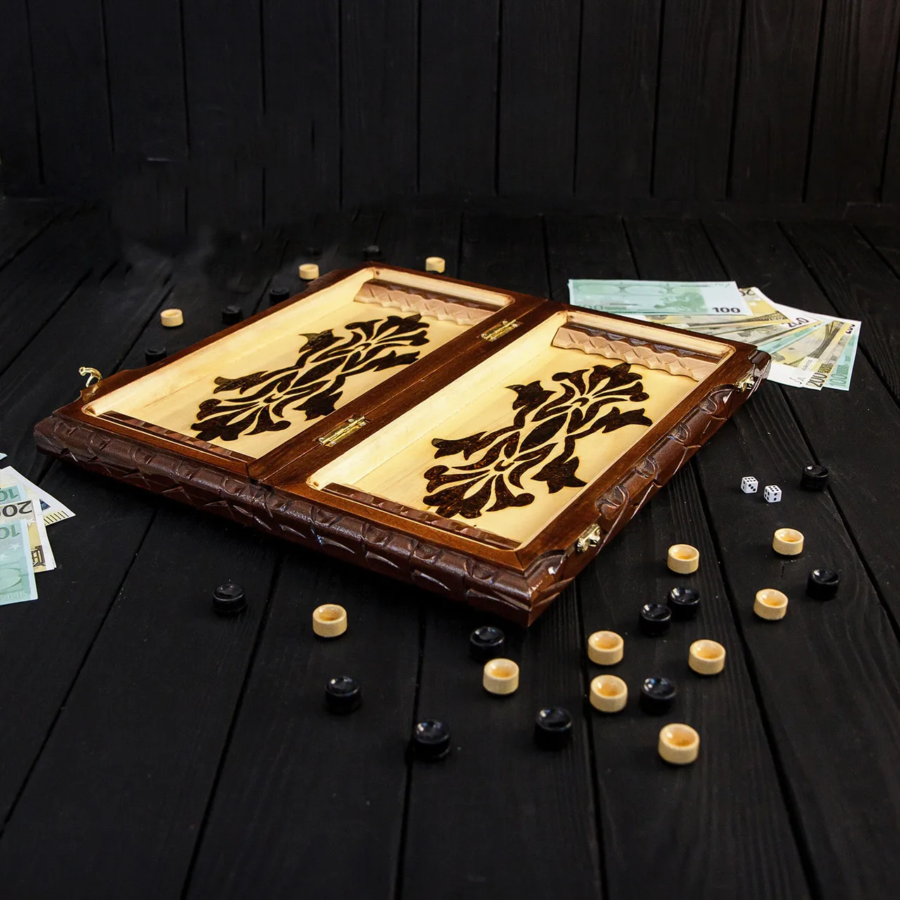 Handmade carved chess, checkers, backgammon 3 in 1 board game