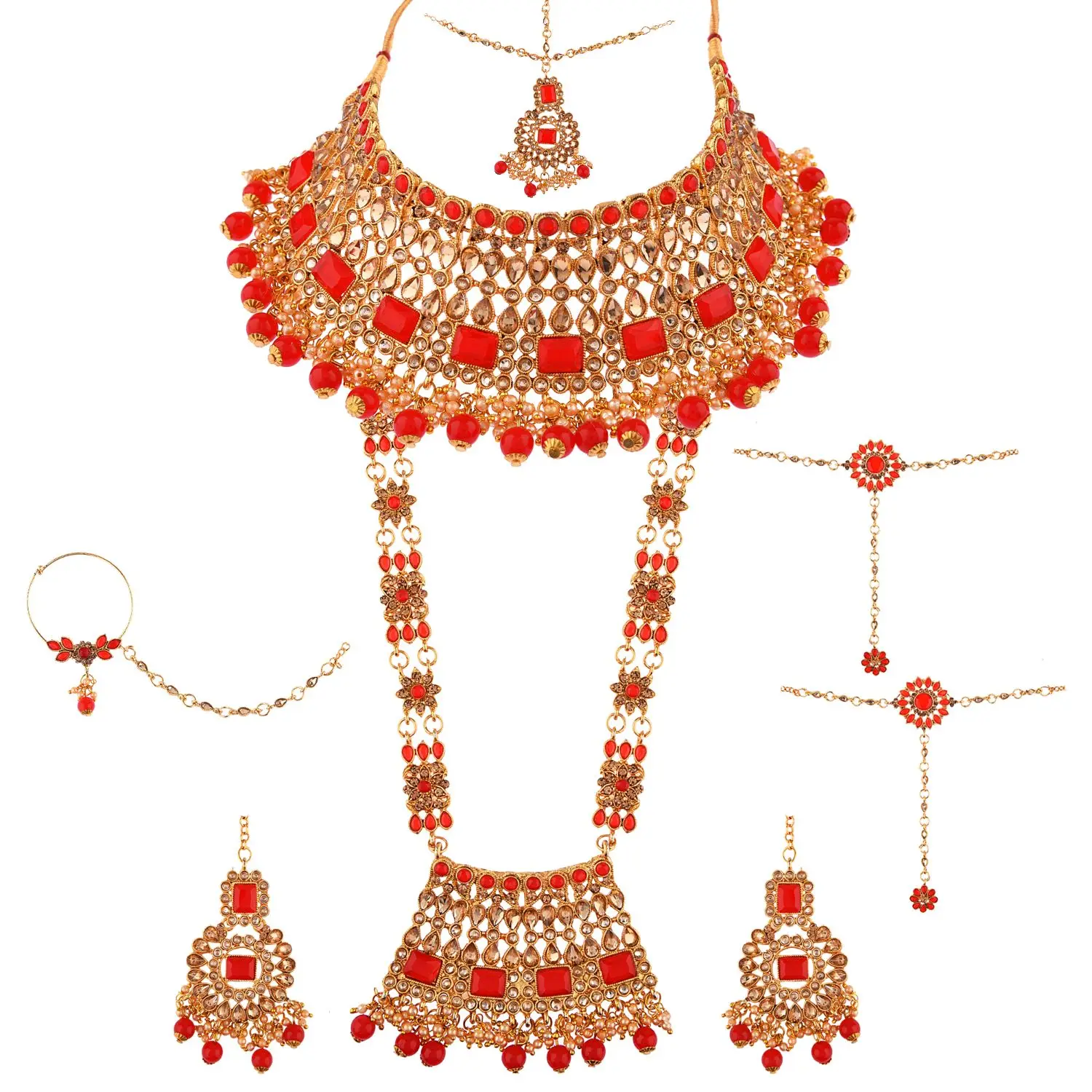 Indian Jewelry Set For Women Crystal Kundan Jewellery Full Bridal Jewelry Set Indian Jewelry Set Wholesale Manufacturers, Red