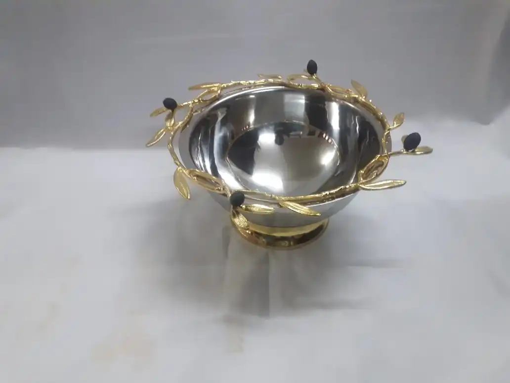 Modern Antique Polished Stainless Steel Two-Bowl Set with Brass Orchid Stem for Kitchenware or Dinnerware Tableware Use