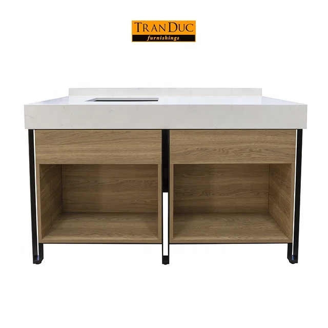 
Wooden hotel bathroom vanity with marble surface in white - hotel furniture 5 star 