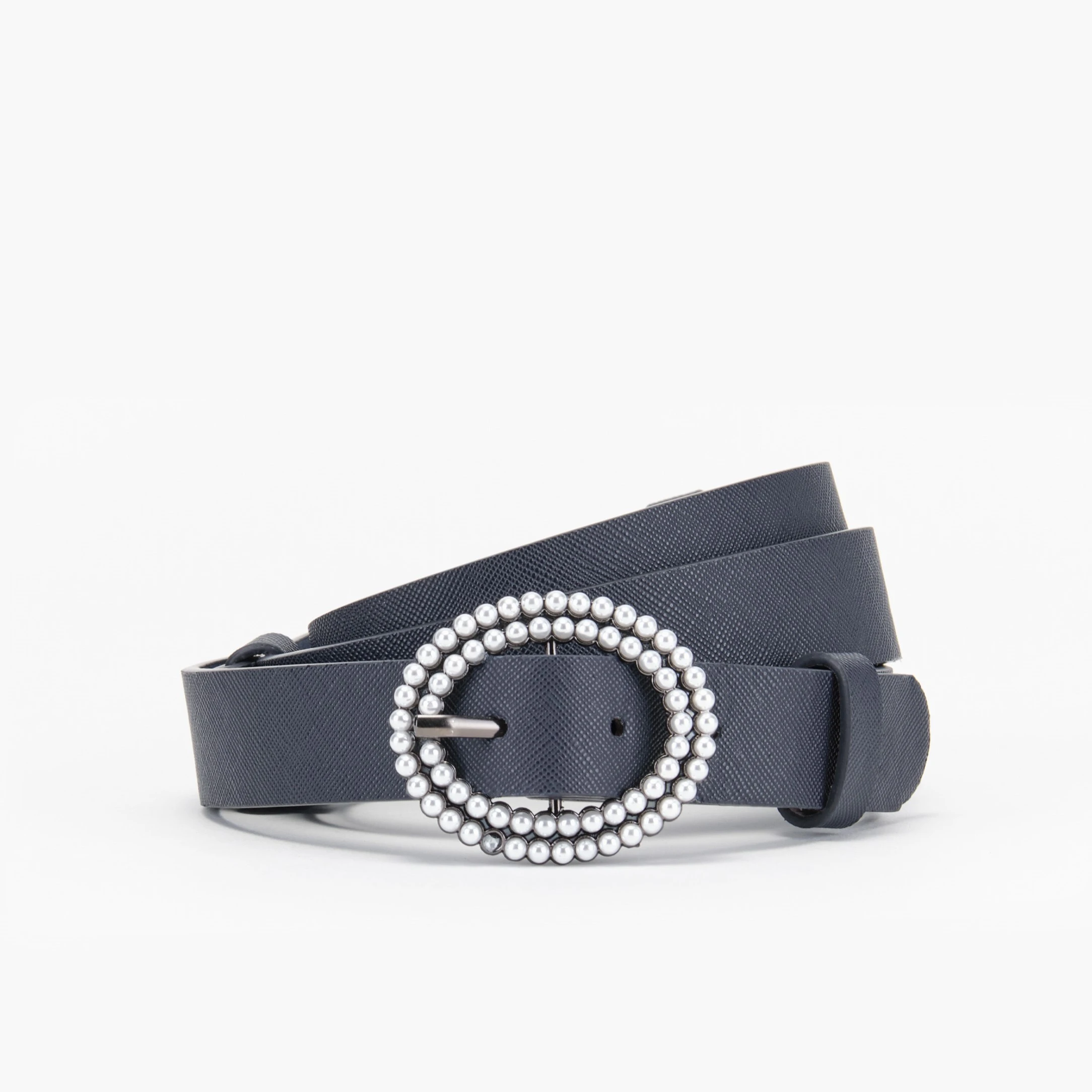 Blue-colored Saffiano Belt with Pearls Buckle Closure | Women Accessories