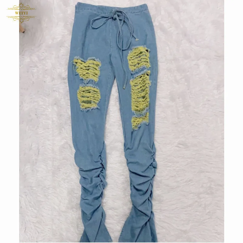 
New arrival Women Flare Jeans Full Length Denim Flare Capris Pants Pocket Holes Bell Bottom Trousers Boot Cut Ruffle Denim Pants 