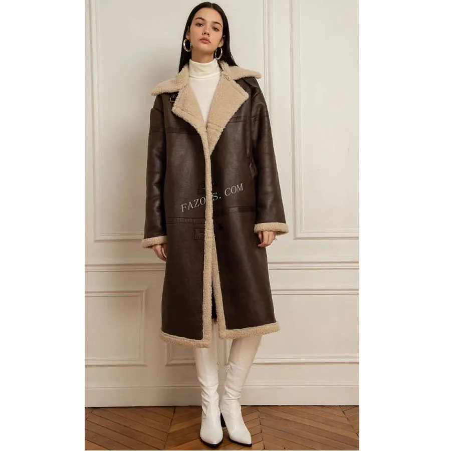 Womens Long Shearling Fur Coat Real Sheepskin Leather Jacket Causal Ladies Over Coat Winter Sherpa Fashion Long Jacket Coat