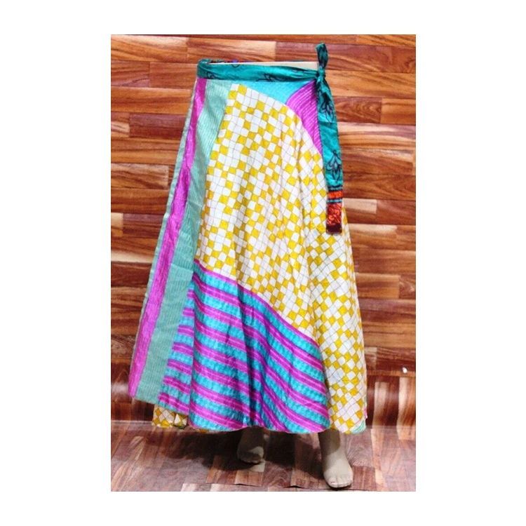 Stylish Floral Wrap Around Gypsy Boho Summer Casual Vintage Chic Floral Silk Sari Elastic Midi Beach Skirt Women Skirt