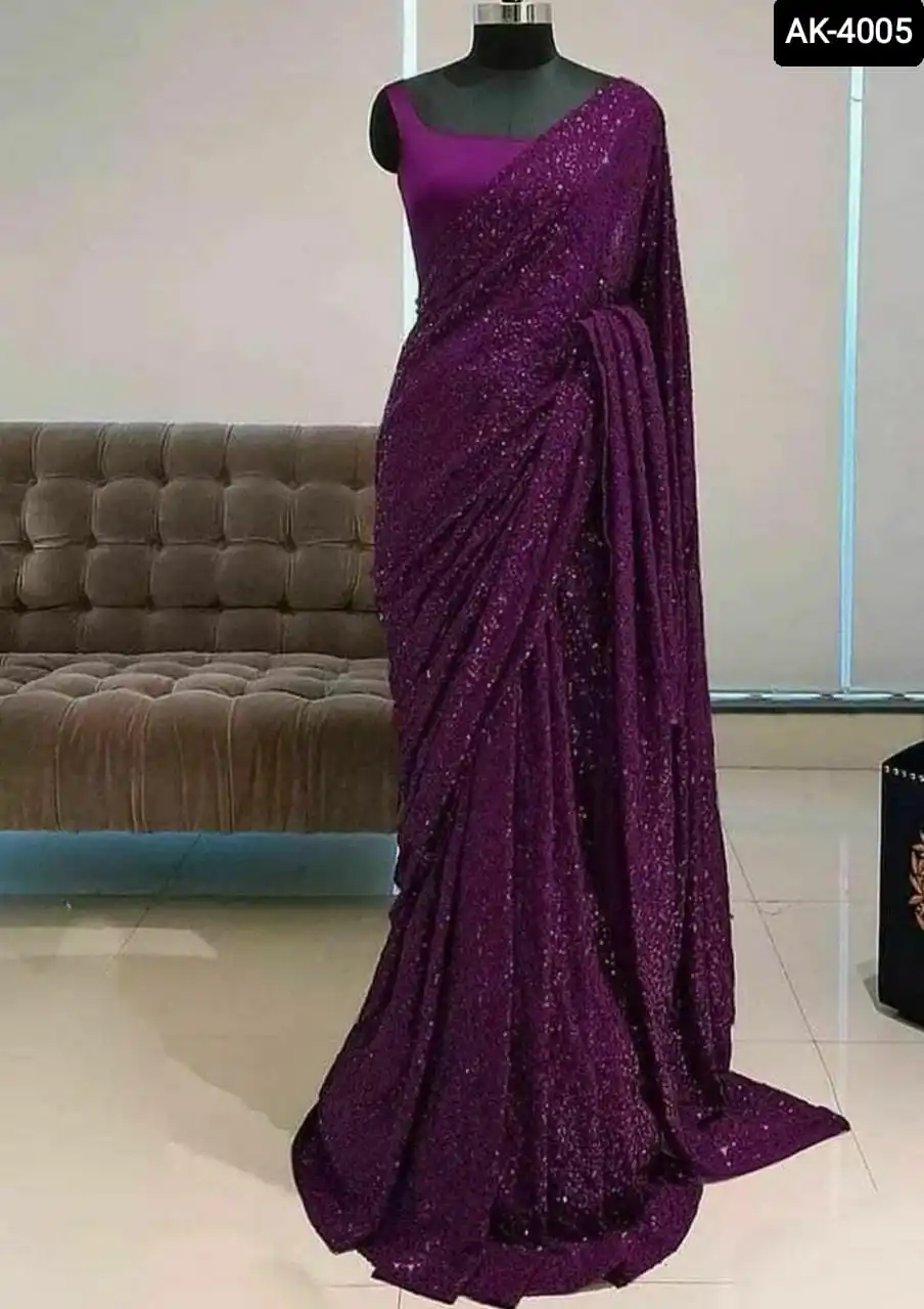 Indian Style Ethnic Wear Georgette Material Sequence Work Saree with Heavy Bangloriy Silk Lace Sequence Border Blouse for Women