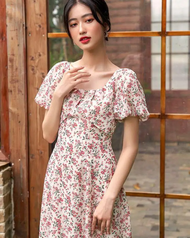 New Arrivals Spring Dresses Women Chiffon Puff Sleeves Midi Dress Casual Dress All Over Printing Made in Vietnam