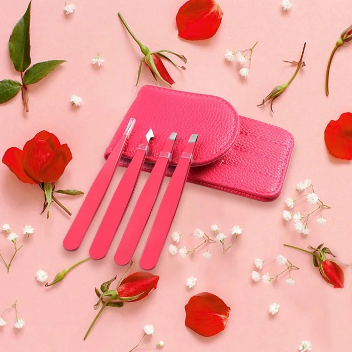 Tweezers Set 4-piece Stainless Steel Red color  Tweezers for Eyebrows Facial Hair Ingrown Hair Eyebrow Tweezers Set