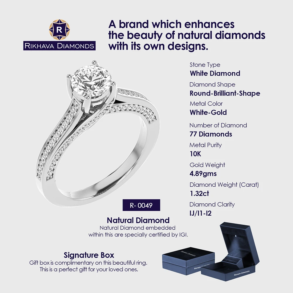 Beautiful Design Natural Diamond Solitaire Ring With 10K White Gold Metal Purity - Rikhava Diamonds