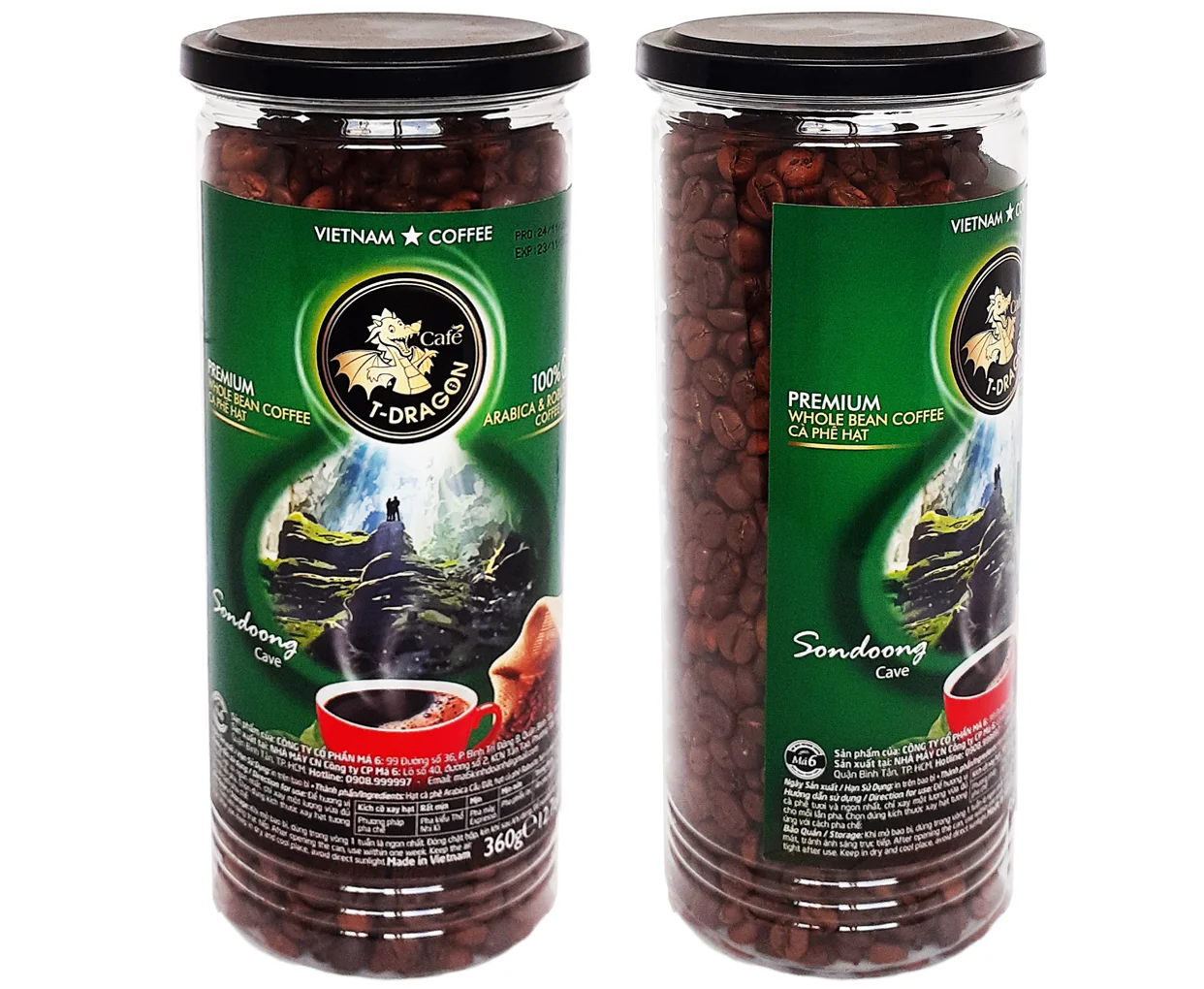 Vietnam Whole Bean Coffee Sugar-Free 360GR CAFE T-DRAGON - PREMIUM WHOLE BEAN - ARABICA ROBUSTA COFFEE BEAN