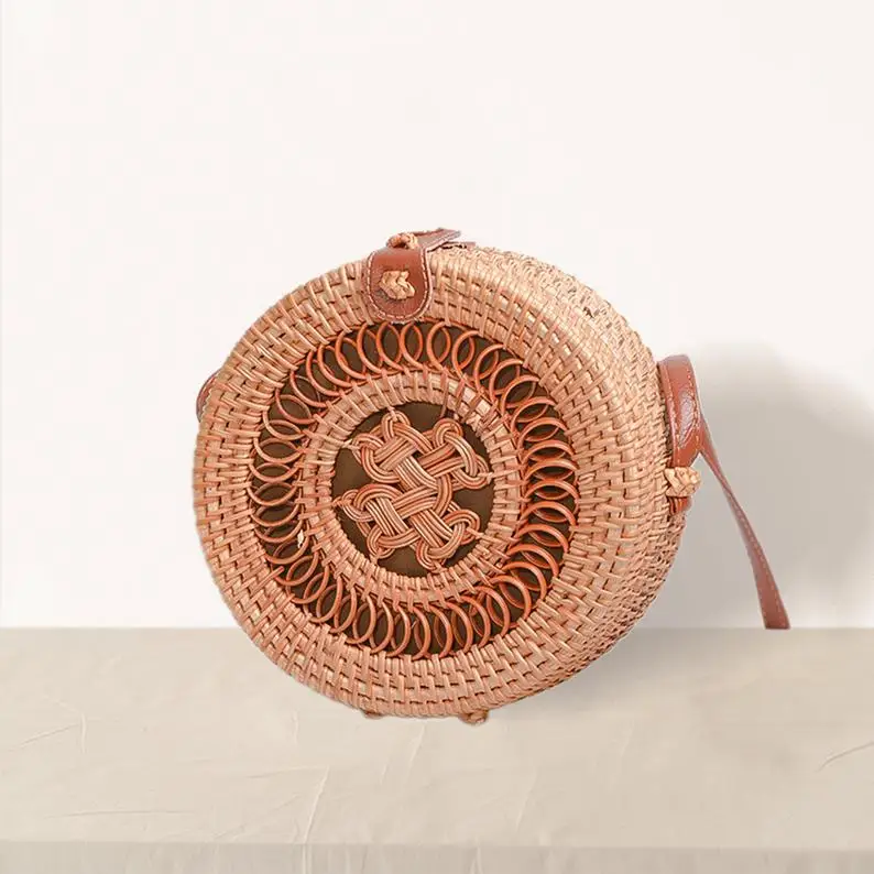 
ECO - FRIENDLY round handmade rattan bag Shoulder Leather Straps Fabric inside Natural Fashionable woven Rattan Bags 