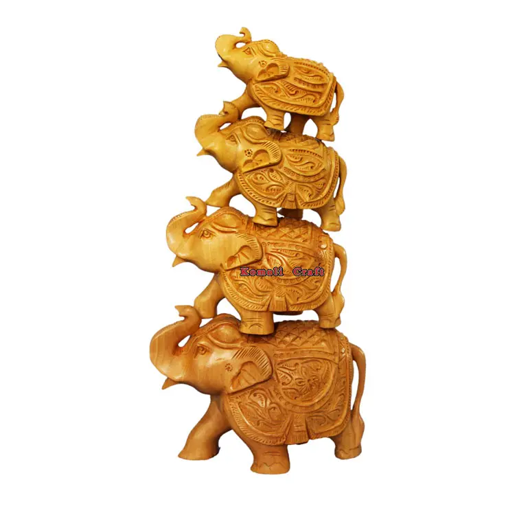 Set of 4 Indian souvenir wood carving hand carved elephants woods crafts