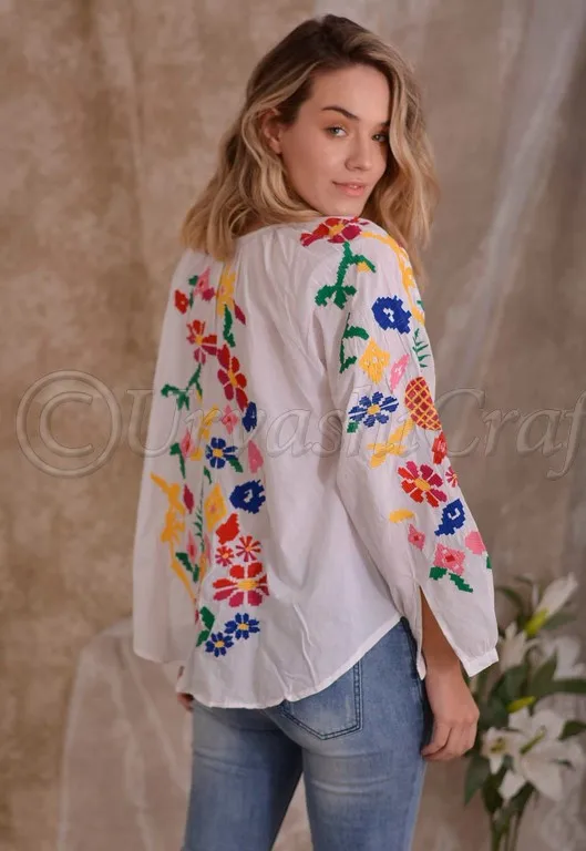 Женская туника с цветочной вышивкой летняя женская короткая О-образным вырезом и тяжелыми кисточками Повседневная длинными рукавами