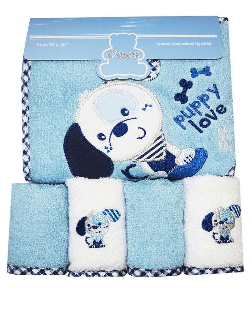 
Owen Baby 5pc 100% Cotton Embroidered Plain Animal Print Child Proof Baby Towel For Newborn 