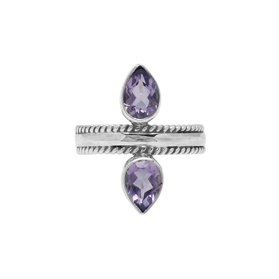 Bali 925 Sterling Silver Double Amethyst Pear Shaped with Twisted Wire