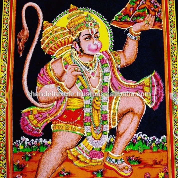 Indian Lord Hanuman Batik Sequence Wall Hanging Art Wall decor cotton Tapestry Wall Hanging Good luck charm Ethnic Wholesale lot