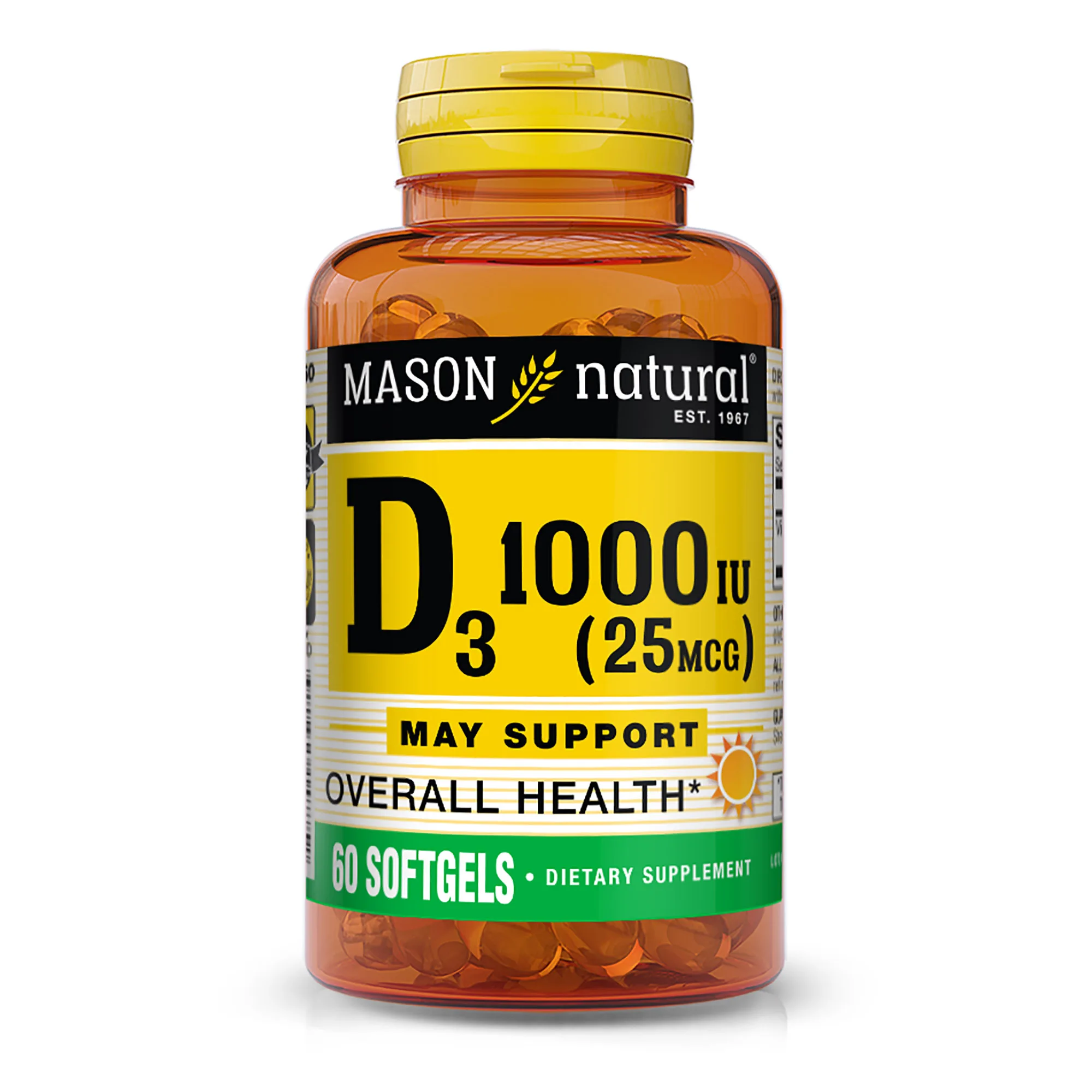 Натуральный витамин D3 25 мкг (1000 МЕ) Mason, укрепляющий кости и мышцы, из рыбьего масла печени, 60 мягких гелей