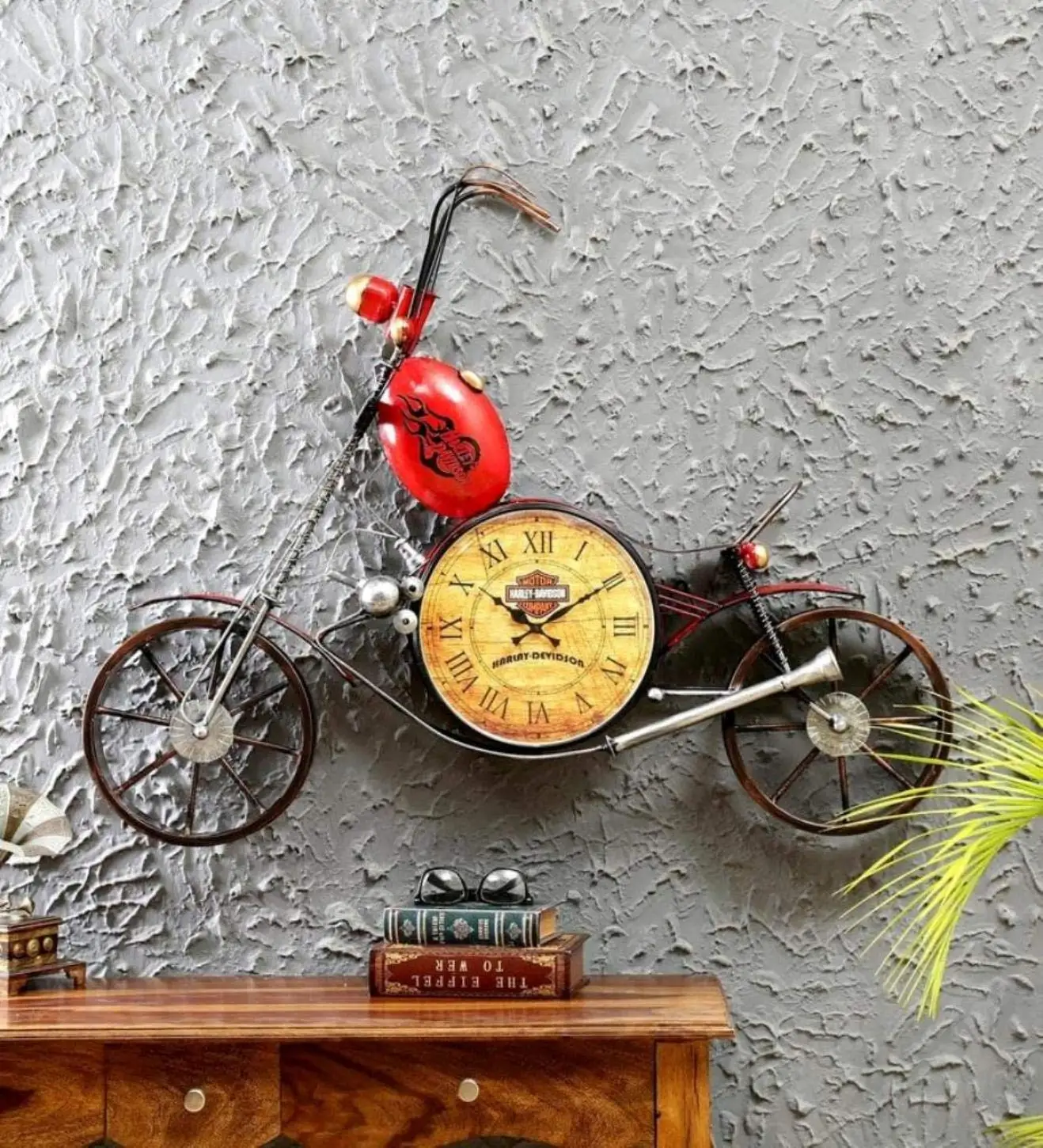 Newest Amazon Hot Selling Custom Design Decorative Metal Red Bike Vintage Design Antique Clock for Home Art WALL Decoration