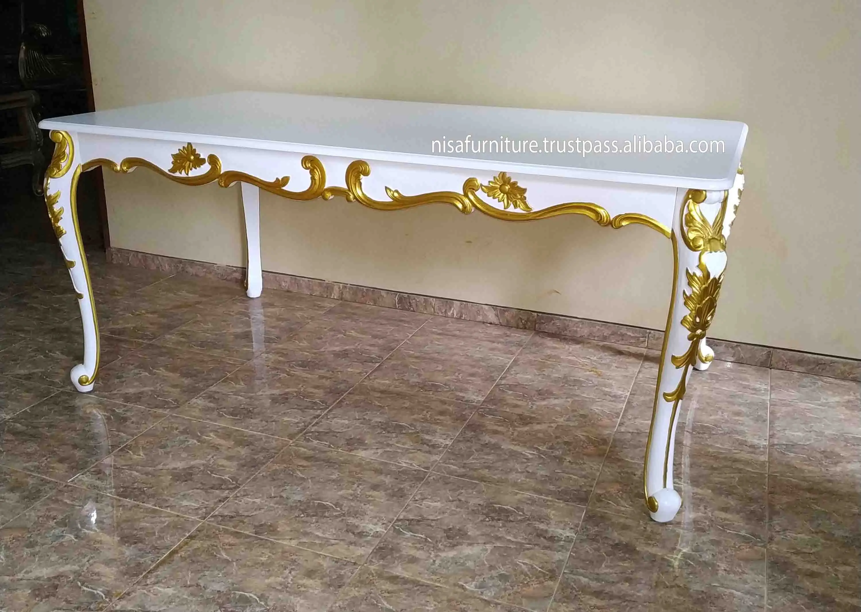 Antique Dining Room Furniture Set Rectangular Mahogany Wood MDF Board Table for 6 White Gold Trim Chairs Solid Wood Style Homes