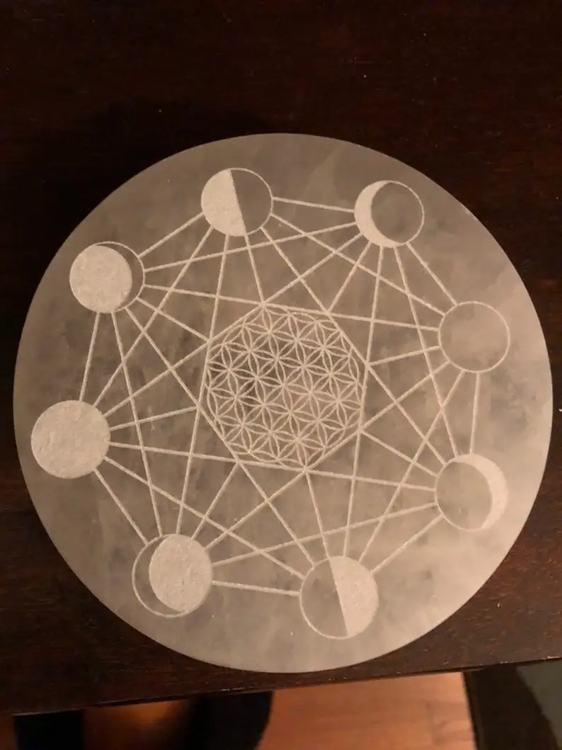 Selenite Charging Plate Metatrons Cube Flower of Life Moonphase Etched New Year Sale Crystal Buddhism Feng Shui Crystal Image