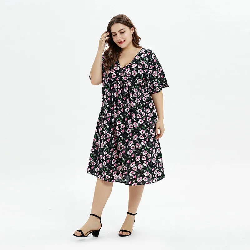 OEM ODM Black Color Deep V-Neck Plus Size Oversize Pink Flower Printed Clothing Big Women Casual Dress