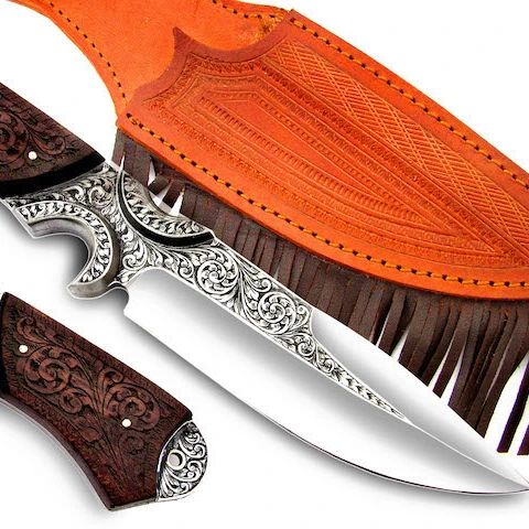 
Custom Handmade HAND FORGED Etched D2 STEEL Hunting KNIFE With Rose Wood Engraved Handle Fixed Blade Knife ME-374 