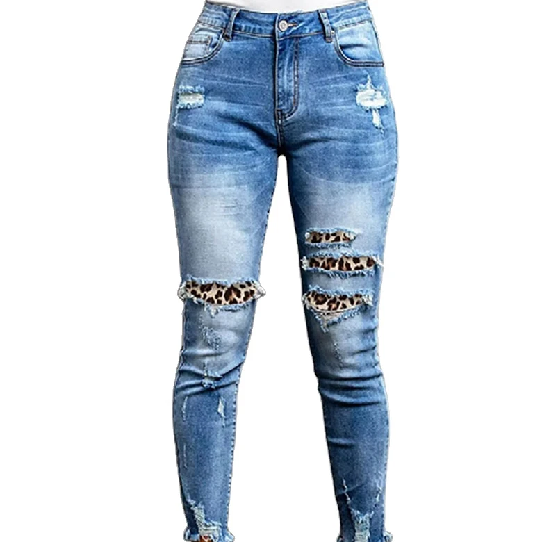New fashion ladies jeans elastic ripped leopard print patch slim-fit denim trousers mid-waist washed jeans women