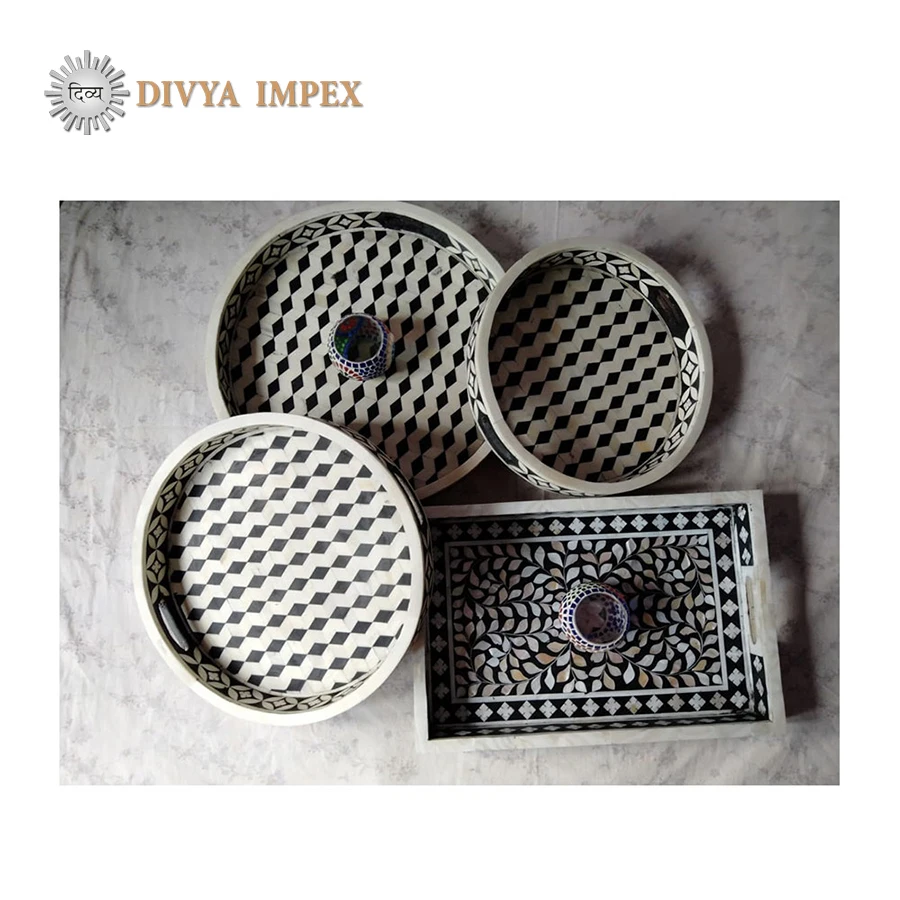 
Indian Handcrafted Camel Bone Serving tray With Handle Mother of inlay Tray at Wholesale Price 