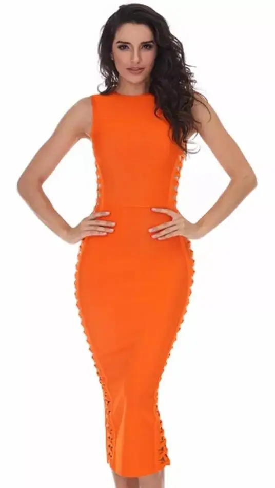 WOMEN PARTY CLUBWEAR CELEBRITY BANDAGE DRESS RUNWAY ORANGE DRESS O-NECK SIDE HOLLOWED OUT CLUB DRESSES