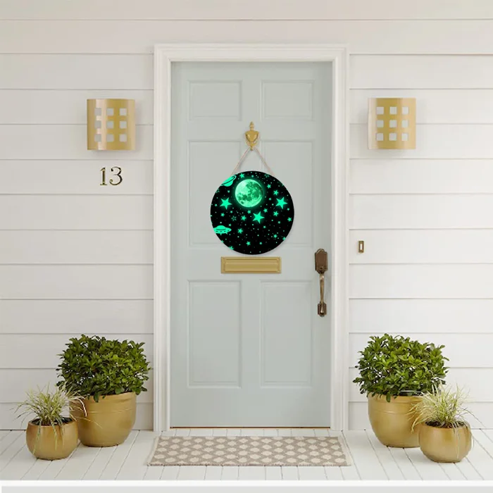 Space Front Door Sign Round Wooden Planet Nursery Decor Baby Sleeping Hanging Sign Plaque Door Hanger