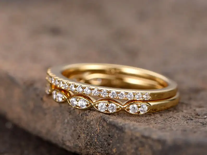 925 Sterling Silver CZ wedding band Diamond eternity stacking rings 2PCS Matching Half Yellow gold Plated