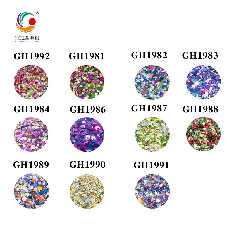 GH1986 Hot Selling Bulk PET Craft Chunky Glitter Mixed Sizes Round Holographic Phantom Laser Glitter Powder For Kids