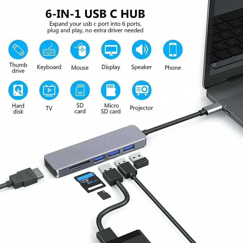 Алюминьный высокой скорости 3 0 4K HD TF/SD кард-ридер USB-C многопортовый адаптер порта USB Type-c 7 в 1 взаимный обмен данными между компьютером и периферийными устройствами C концентратор для
