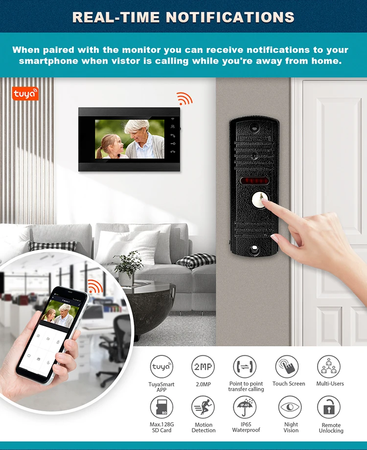 7 inch memory video door phone intercom system for home security remote control via app