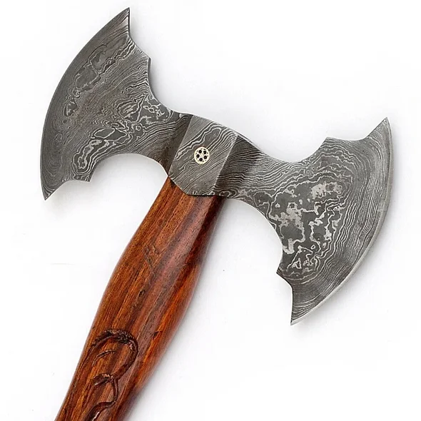 
FABULOUS CUSTOM HAND MADE DESIGN DAMASCUS LOVELY DOUBLE SIDED AXE WITH ROSE WOOD HANDLE WITH SHEATH 