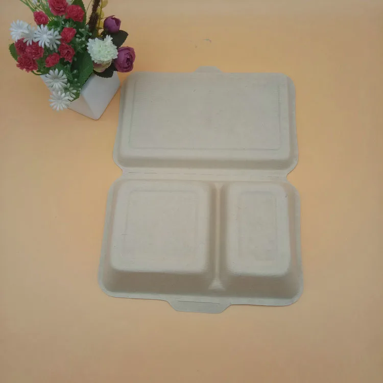 
100% compostable food packaging bagasse 2 compartment clamshell lunch box containers 