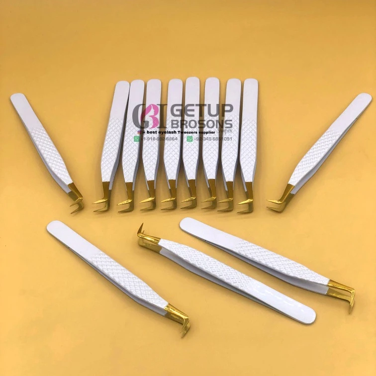 Professional Best 90 Degree White Powder Coating Gold Tip Diamond Grip Eyelash Extension Tweezers Stainless Steel Beauty Tools