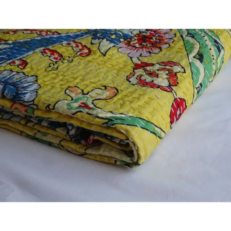 Новое индийское желтое Хлопковое одеяло Kantha с цветочным принтом ручной работы красивое цветочное домашнее украшение оптовая продажа покрывала