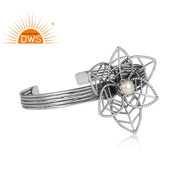 Natural White High Quality Pearl Gemstone Oxidized 925 Sterling Silver Statement Floral Cuff Bangle Jewelry Wholesaler