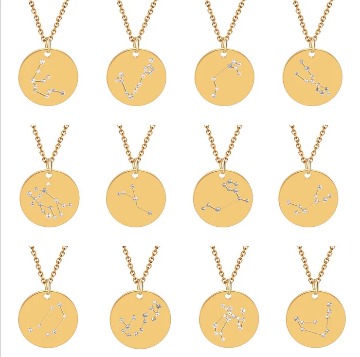Wholesale 12  Necklace Gold Stainless Steel Astrology Zodiac Sign Pendant Necklace for Women