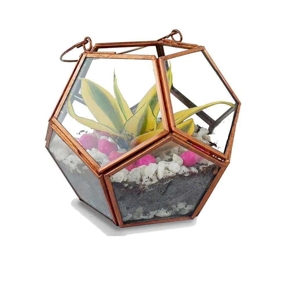 Glass Geometric Plant Terrarium w/ Brass Metal Frame, Tabletop Candleholder