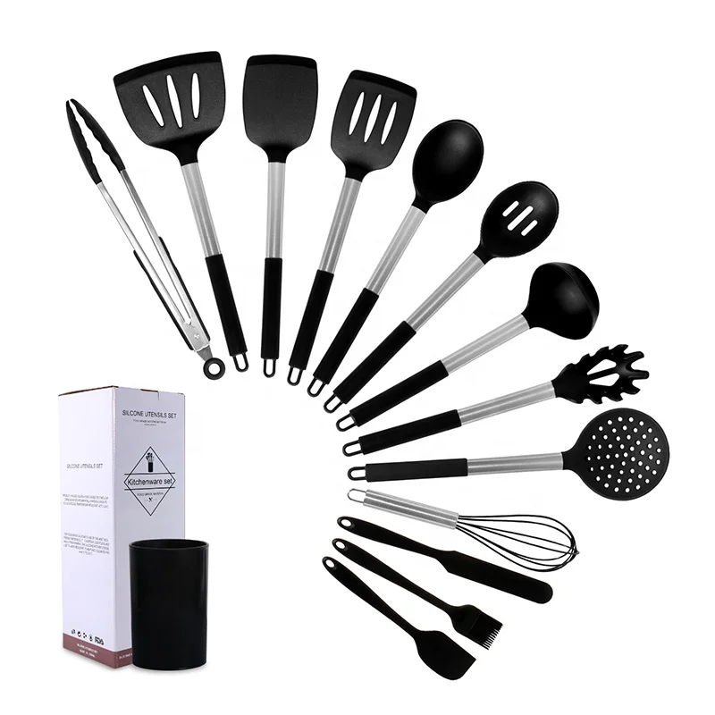 
Amazon silicone kitchen Accessories utensils set 14 pieces nonstick cooking Tools kitchen utensils with Stainless Steel Handle 