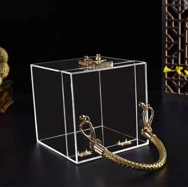 Wholesale Elegant Clear Acrylic Wedding Candy Gift Boxes for Guests with Gold Handle